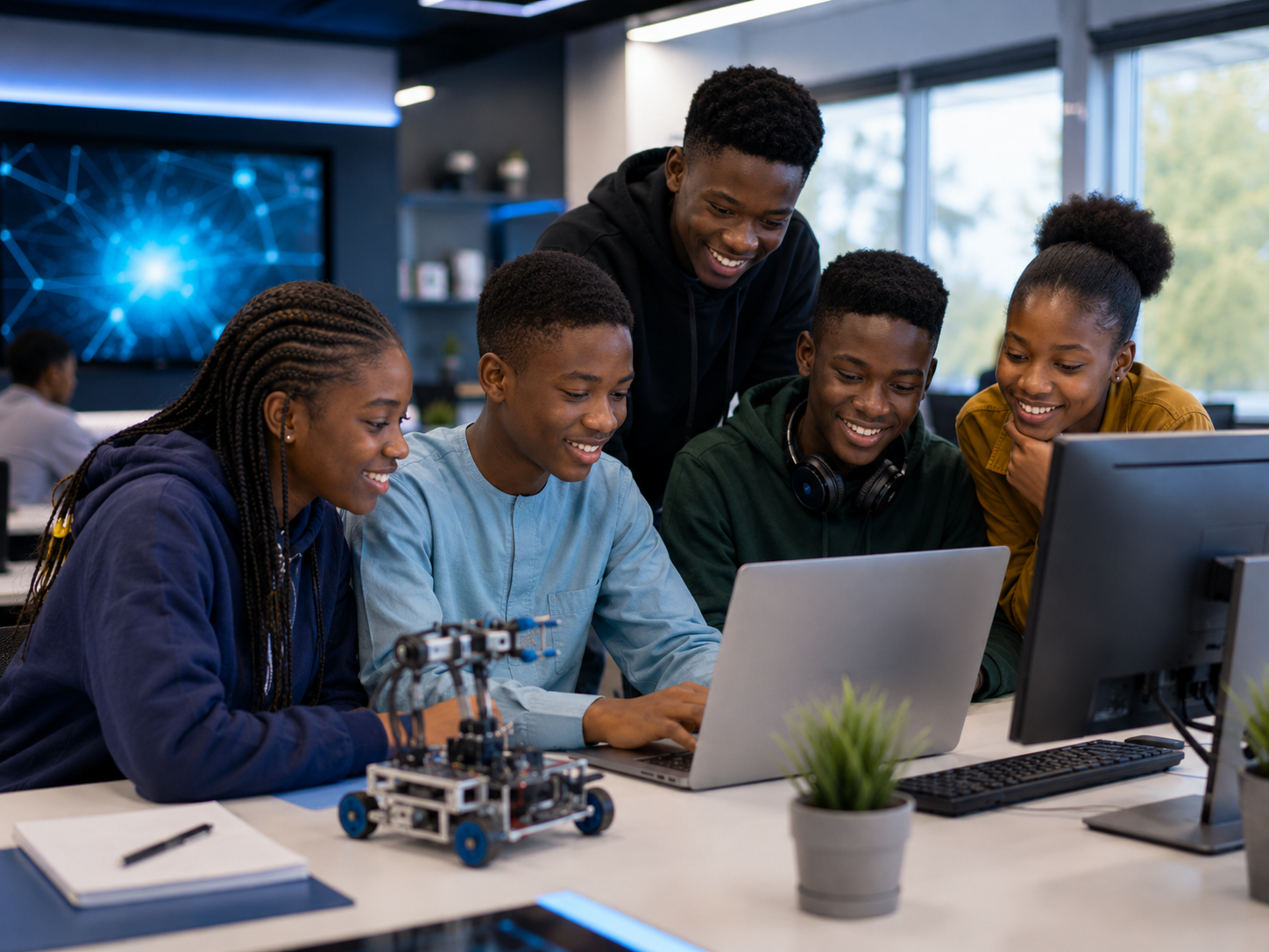 Nigerian teenagers learning technology with laptops and robotics at the Clasptek Tech Teens programme