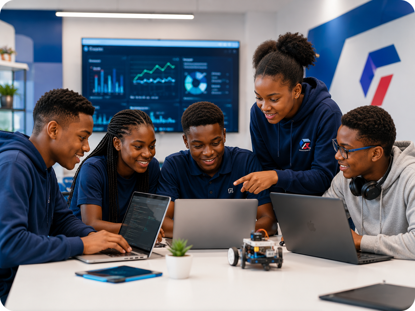 Teenagers presenting a project on a screen