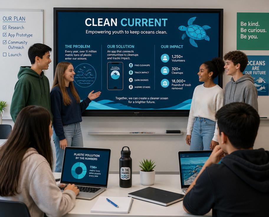 Teenagers presenting a project on a screen